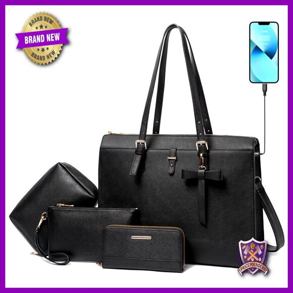 Handbags - Large Leather Laptop Tote Bag with USB Charging Port, Adjustable Strap, Chic